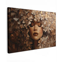 LEINWANDBILD Gesicht - Dame - Blätter - Pinselstriche XXL 150x100 cm - Goldfarben, Textil (150/100cm) - MuchoWow