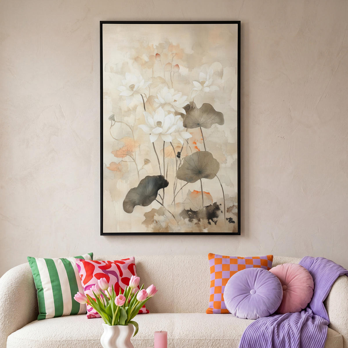 LEINWAND Bilder mit Rahmen - Blumen - Japandi - Wabi sabi - 100x150 - Sandfarben, Textil (100/150cm) - MuchoWow