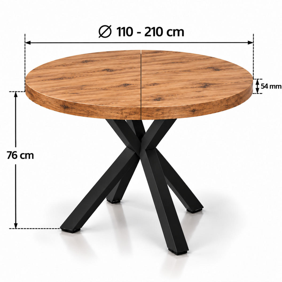 ESSTISCH rund ausziehbar 110/210/76 cm, Eiche Craft, 54 cm Tischplatte + X Metallbeine Schwarz - Eichefarben/Schwarz, Holzwerkstoff/Metall (110/210/76cm) - Damale Möbel