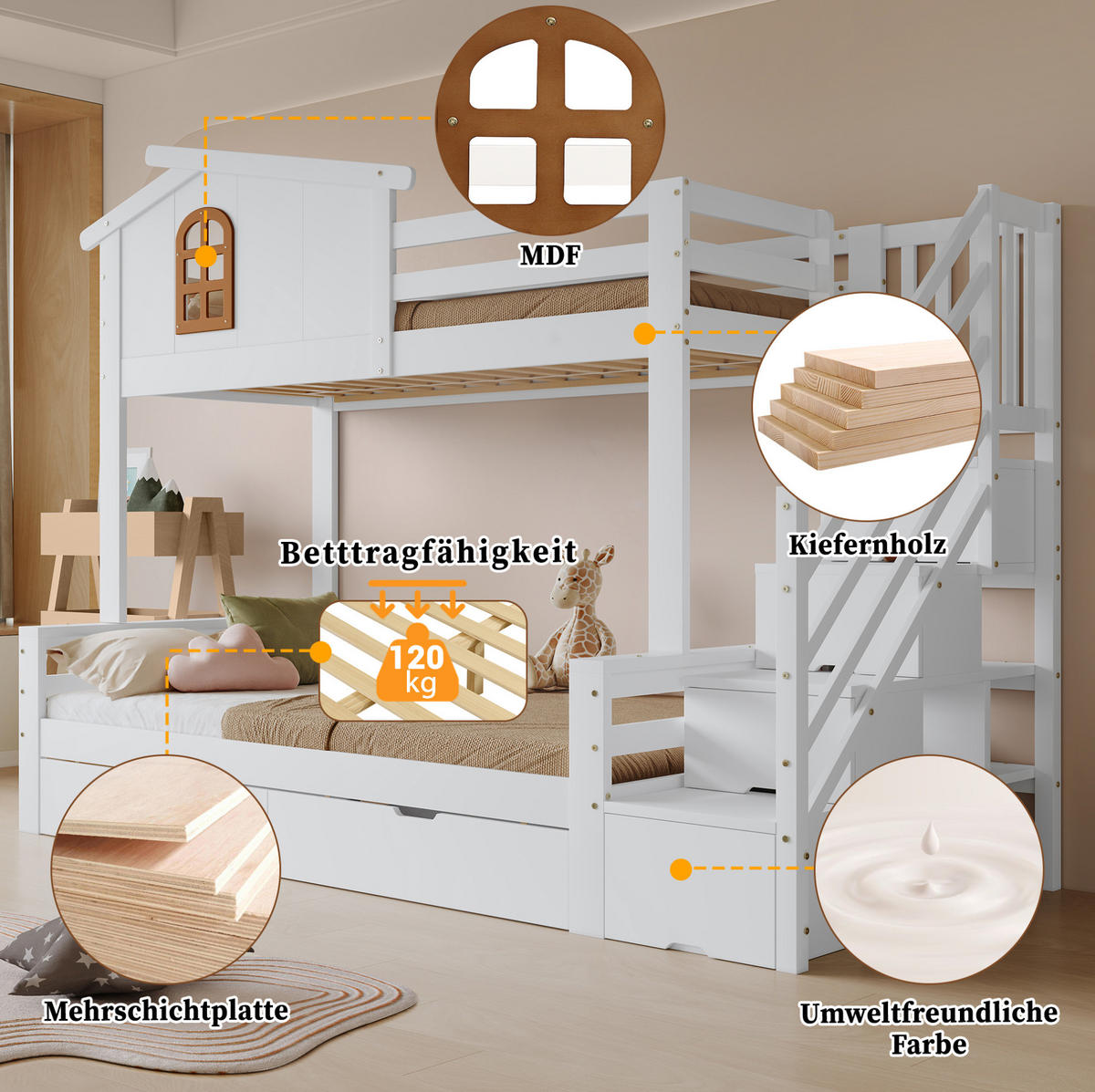 ETAGENBETT 90/200 cm aus Kiefer, MDF und Sperrholz mit Schubladen, Weiß/Natur - Naturfarben, Holz (90/200cm) - OKMYHOME