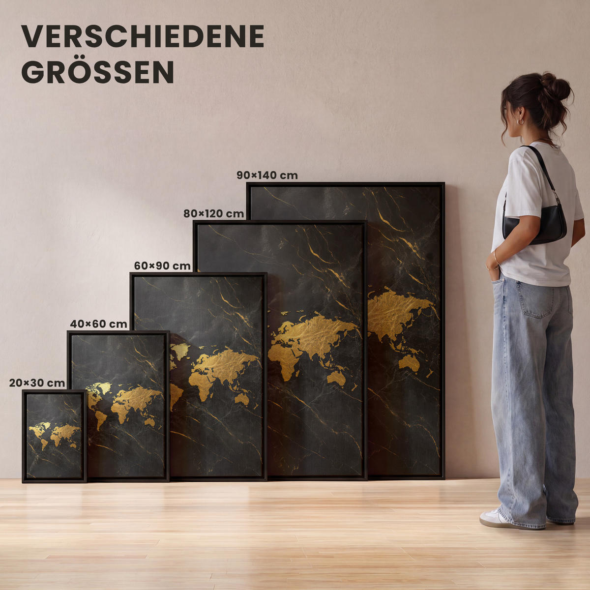 LEINWAND Bilder mit Rahmen - Weltkarte - Gold - Marmor - 20x30 - Goldfarben, Textil (20/30cm) - MuchoWow