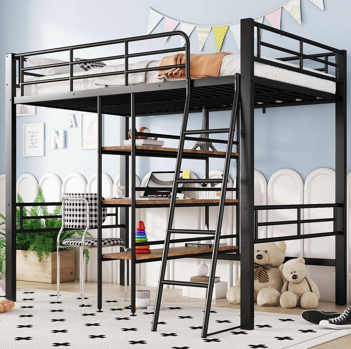HOCHBETT 90/200 cm aus Metall mit Schreibtisch und Regalen Schwarz - Schwarz, Metall (90/200cm) - Modenvie
