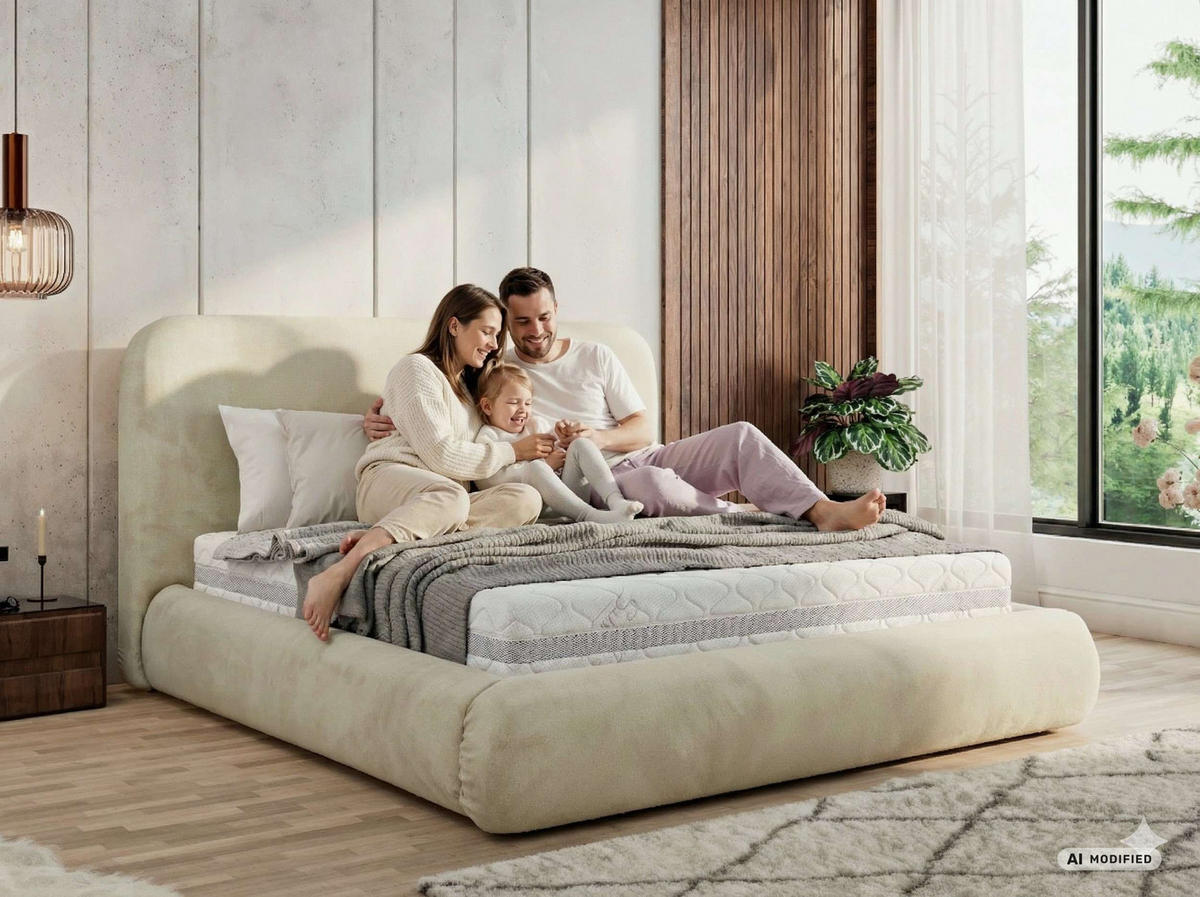 ČALOUNĚNÁ POSTEL BENEA CLASSIC 140/200 - Béžová Plyš - s pěnovou matrací - černá/béžová, textil/plast (140/200cm) - MKS