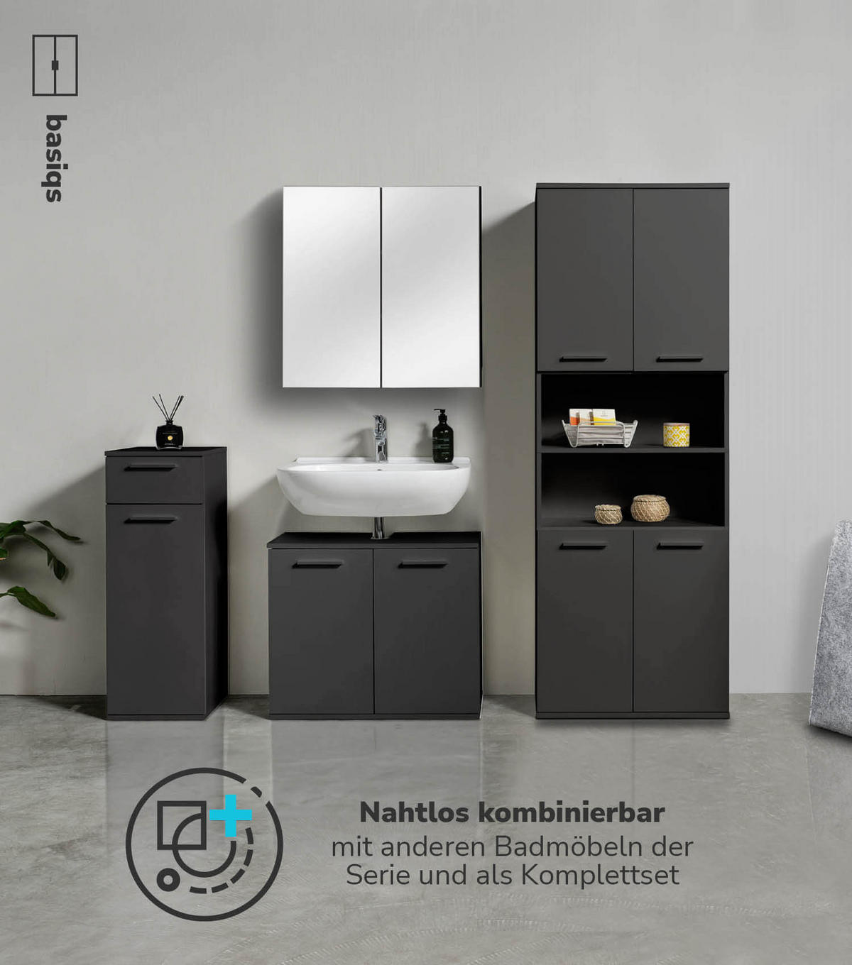 BAD HOCHSCHRANK Der Kapitän - Schwarz, Holzwerkstoff (65/180/34cm) - Mokebo