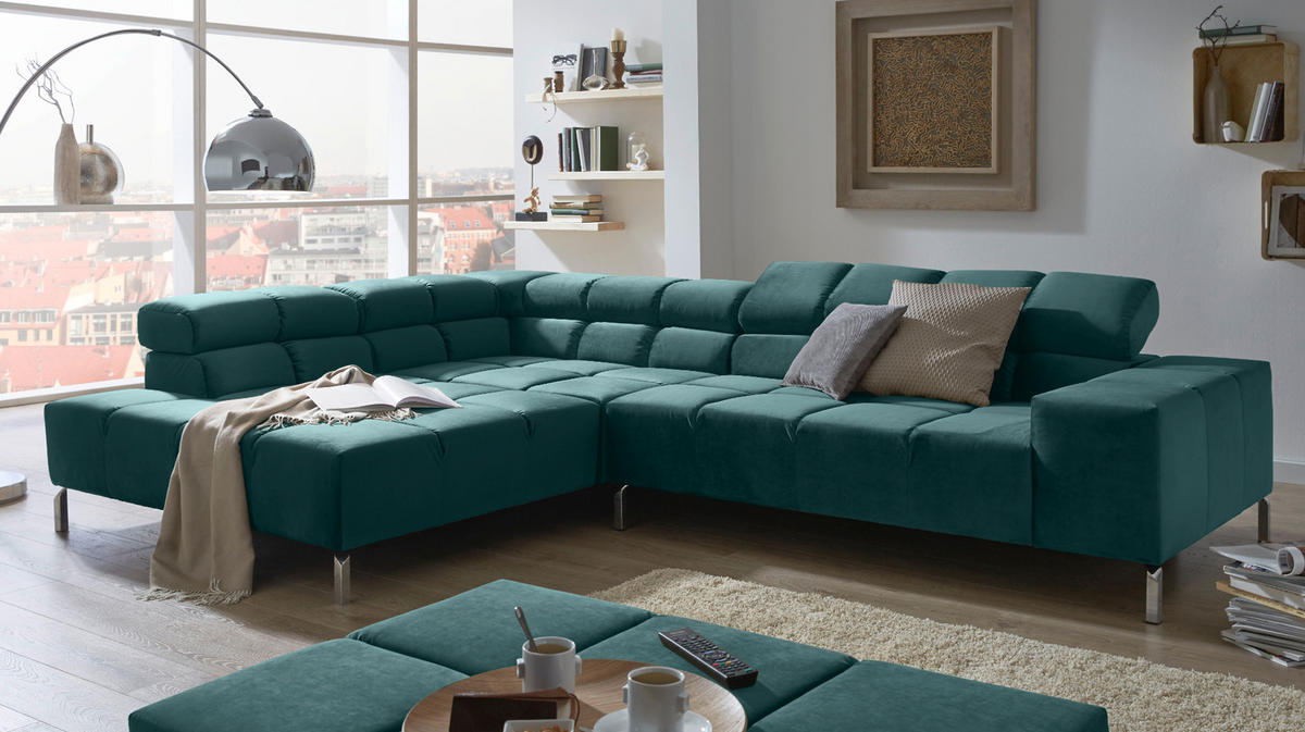 ECKSOFA MIT MOTORISCHEM SITZVORZUG NELSON Smaragdgrün Velvet Relaxfunktion - Smaragdgrün/Silberfarben, Textil (321/216cm) - KAWOLA