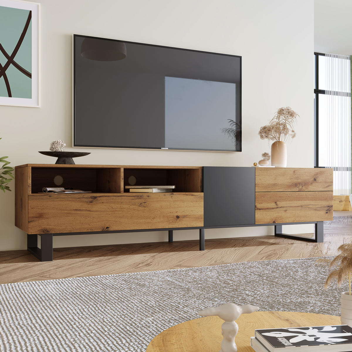 TV-SCHRANK 180/38/50 cm schwarz MDF mit großem Stauraum und Push-Open-Funktion - Alteiche, Holzwerkstoff (180/50/38cm) - OKWISH