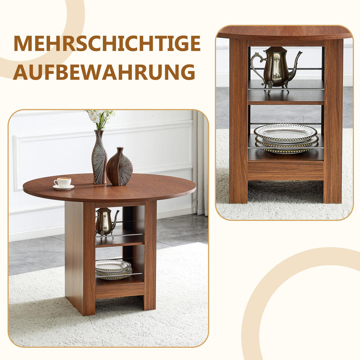 ESSTISCH Nussbaum mit Ablageboden und nussbaumfarbenem Metallgestell 100/100/76 cm - Walnussfarben, Holz (100/100/76cm) - Oxeza