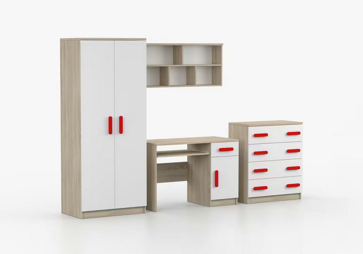 JUGENDZIMMER Elora in Eiche und Weiß – 4-teiliges Set mit Schreibtisch, Kommode, Wandregal und Schrank – Grifffarbe Rot - Braun, Holzwerkstoff (80/200/120cm)