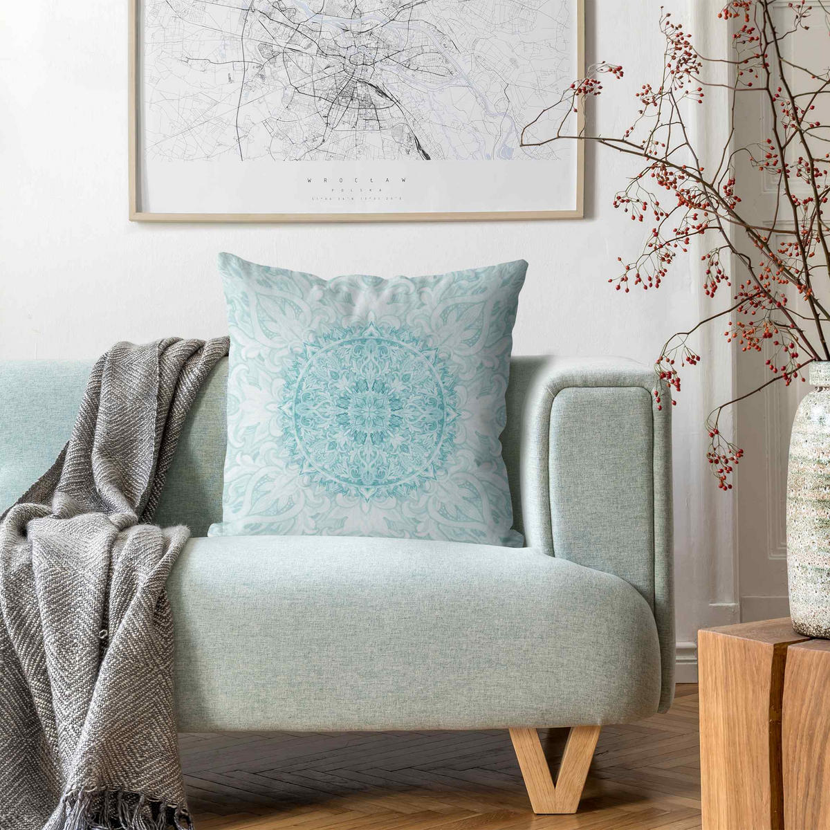 DEKOKISSEN Mandala Aquarell Ornament türkis 40/40 cm - Türkis, Textil (40/40/10cm) - Bilderwelten