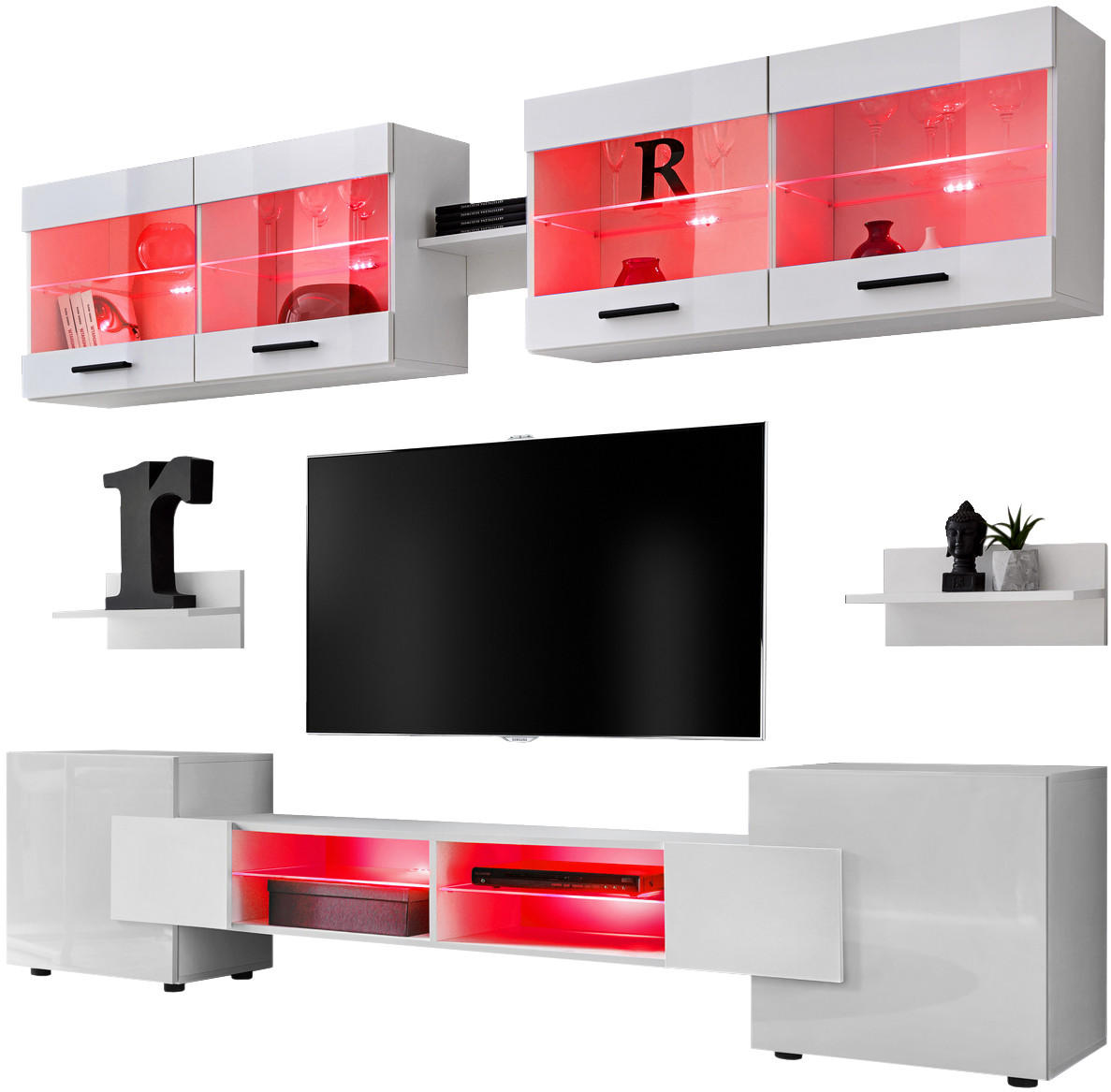 WOHNZIMMERSET Foggia, 6er-Set, Weiß, Front Hochglanz Weiß, LED Mehrfarbige - Schwarz/Weiß, Glas/Holzwerkstoff (230/190/45cm) - Komodee