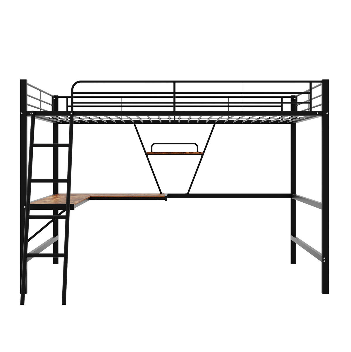 HOCHBETT 90/200 cm schwarz mit L-förmigem Schreibtisch und Regal mit Matratze - Schwarz, Metall (90/200cm) - OKWISH