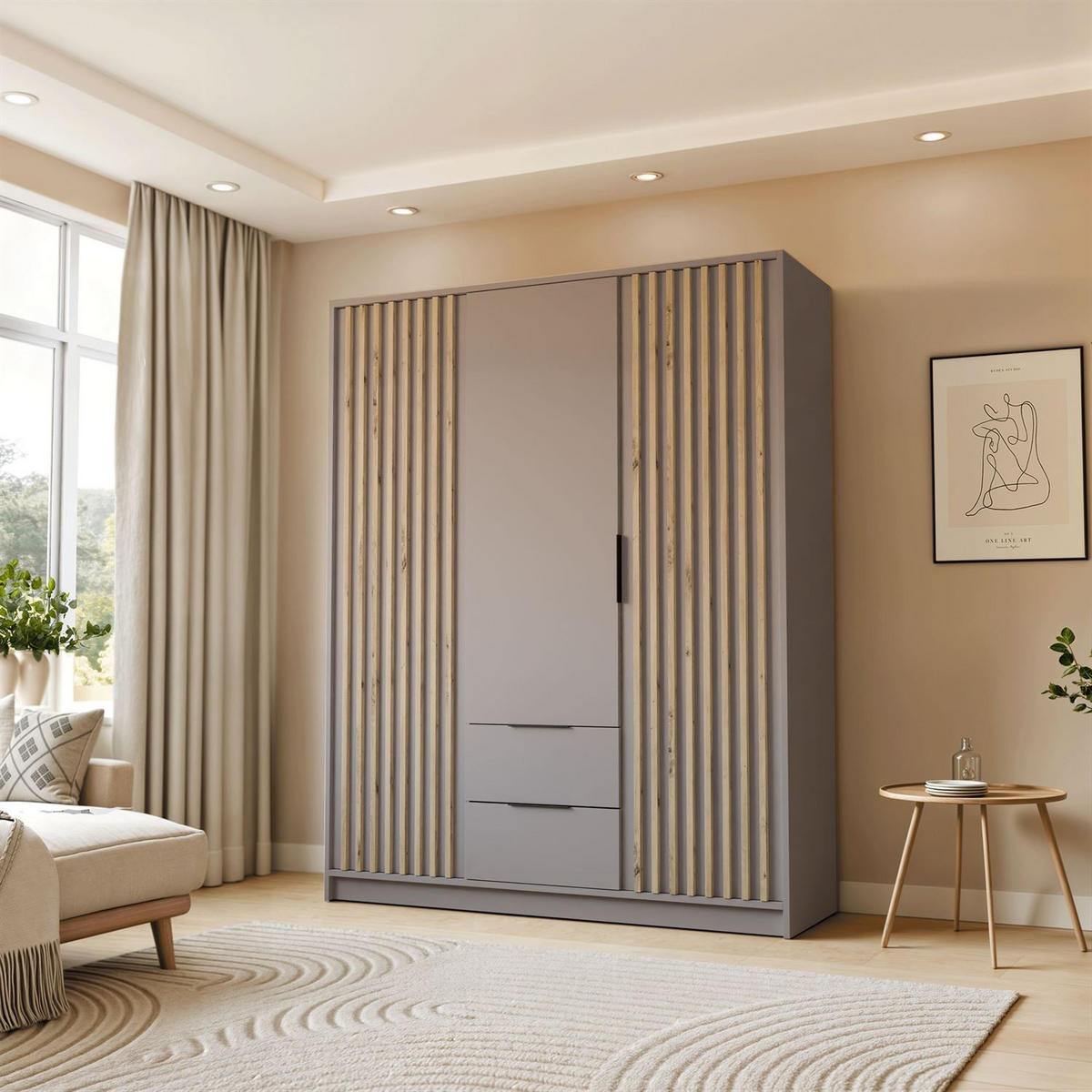 KLEIDERSCHRANK NELA, dreitürig mit Lamellen, 155 cm, Grau/Artisan - Grau, Holzwerkstoff (155/200/51cm) - Lookway