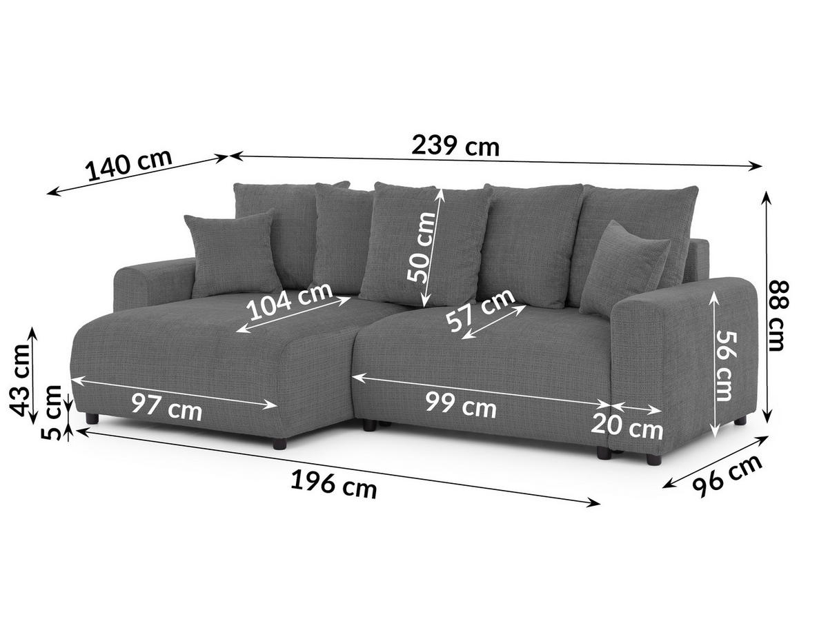 ECKSOFA Calma mit Schlaffunktion und Bettkasten im Bumpy-Design aus weichem Grau Chenille-Stoff - Ottomane links - Beige/Schwarz, Holz/Kunststoff (140/239cm) - S-Style Möbel