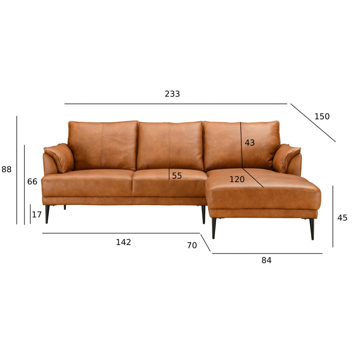 ECKSOFA Echtleder Braun - Schwarz/Braun, Leder/Metall (233/155cm) - Furnhouse