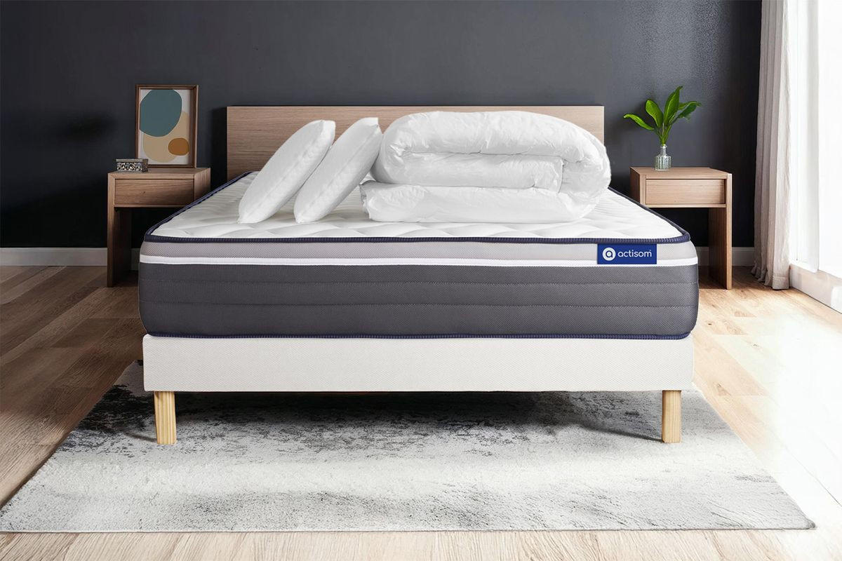 BETT Actimemo plus Memory-Schaum 160 x 200 cm h4 - Kit Bettgestell Weiß - Mit Kissen und Bettdecke - Beige/Weiß, Karton/Holz (160/200cm) - ACTISOM