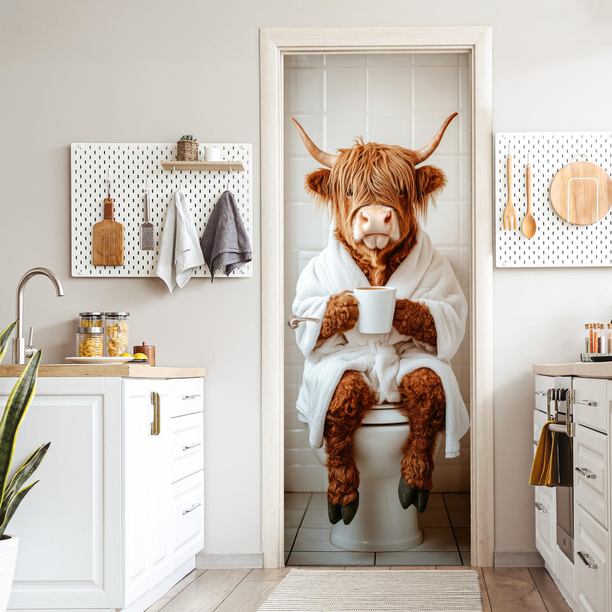 TÜRAUFKLEBER Selbstklebend - Schottisches Hochlandrind - WC - Bademantel - Modern - Tiere 95x235 cm - Türtapete - Kastanienfarben, Kunststoff (95/0.1cm) - MuchoWow