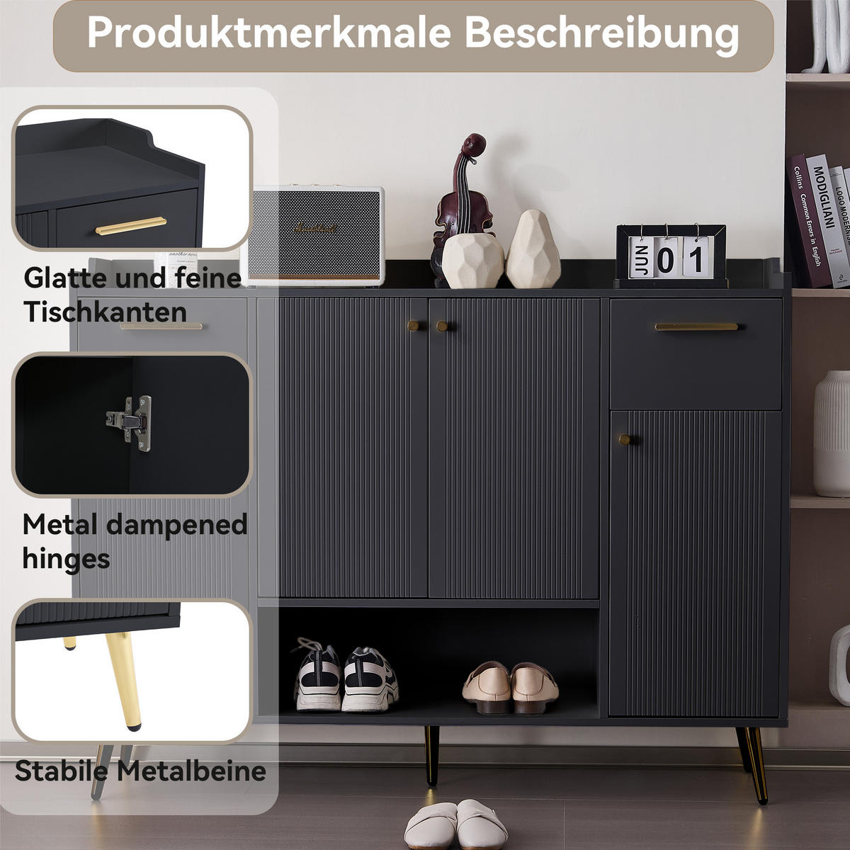 SCHUHSCHRANK mit 4 Türen Schwarz 130x37x100cm - Schwarz, Holzwerkstoff (37/100/130cm) - FLIEKS