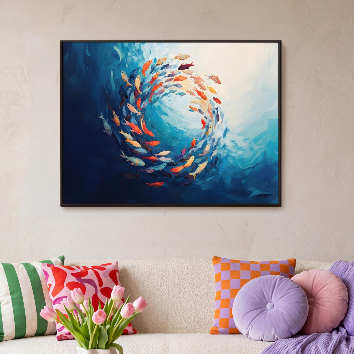 LEINWAND Bilder mit Rahmen - Meer - Fische - Bunt - Dynamisch - 100x70 - Hellblau, Textil (100/70cm) - MuchoWow