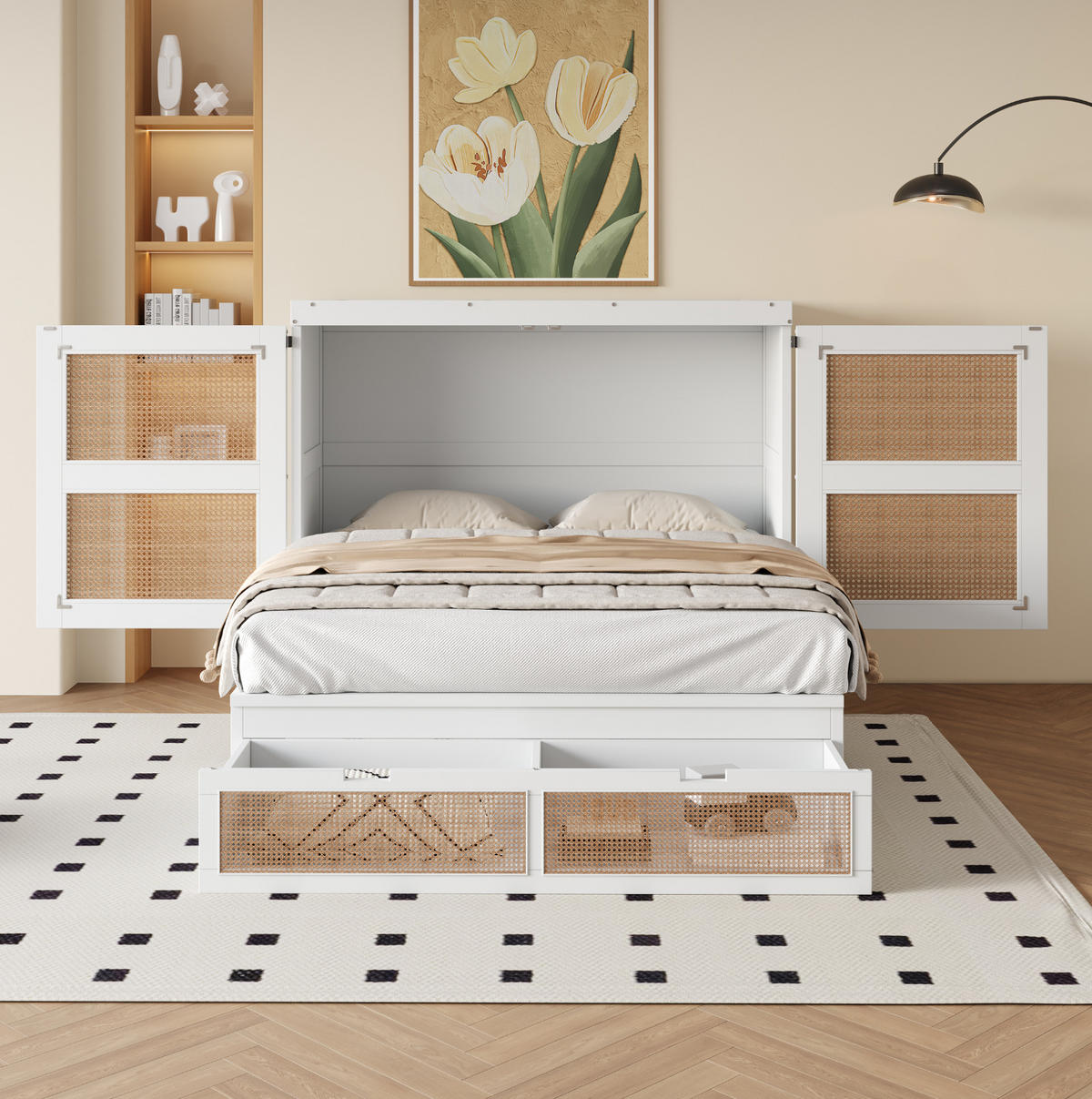 SCHRANKBETT aus Kiefer, Sperrholz und MDF 140x200 cm Weiß mit Lattenrost, Schubladen und Rattan-Design - Weiß, Holzwerkstoff (140/200cm) - Modfu