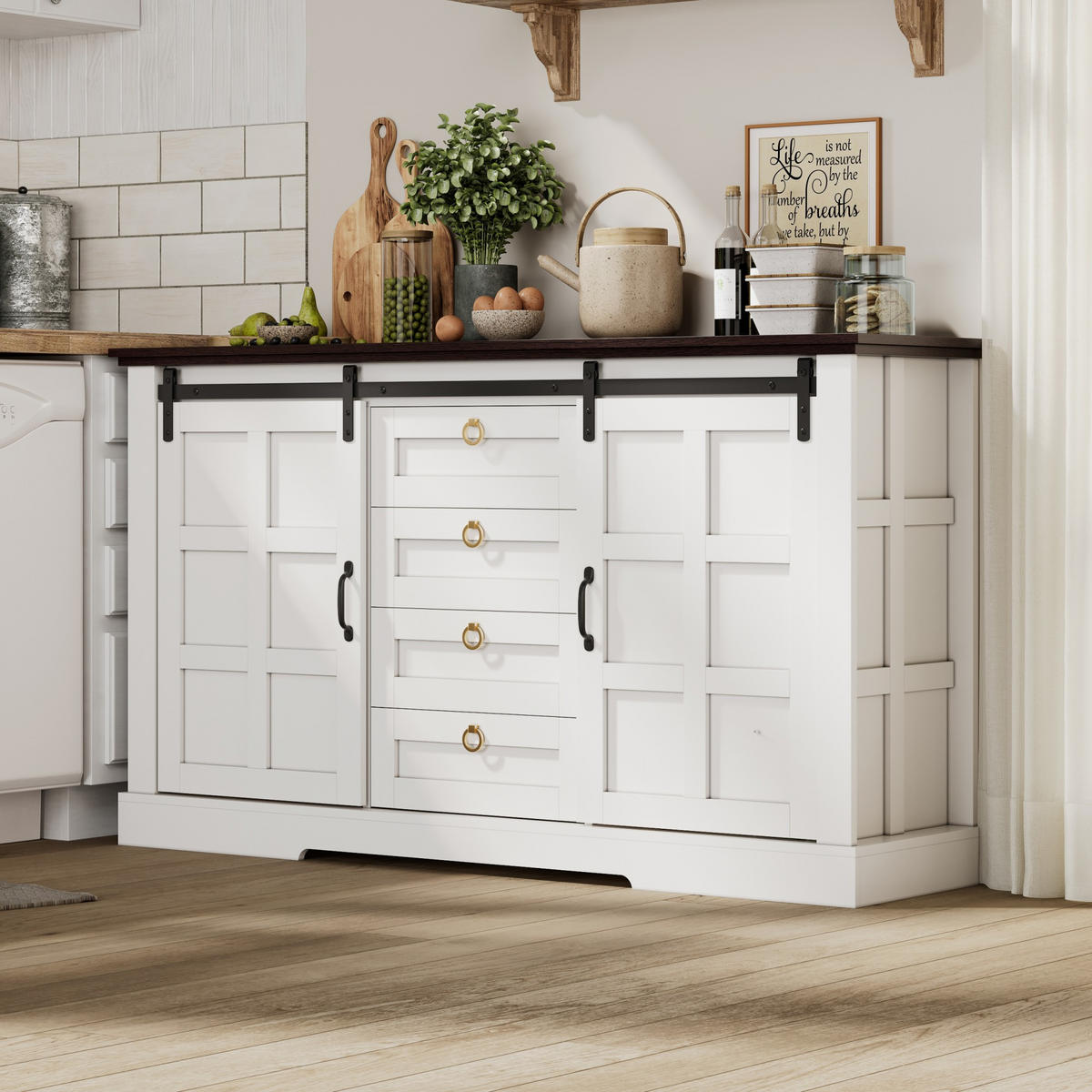 SIDEBOARD 150x40x85 cm mit Schiebetüren und 4 Schubladen - Weiß, Holzwerkstoff (150/85/40cm)