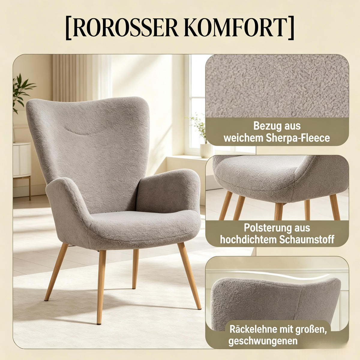 OHRENSESSEL hoher Rücken mit Armlehnen, DE-42171, Grau - Grau, Metall (74/94.5/71cm) - ComfortXL