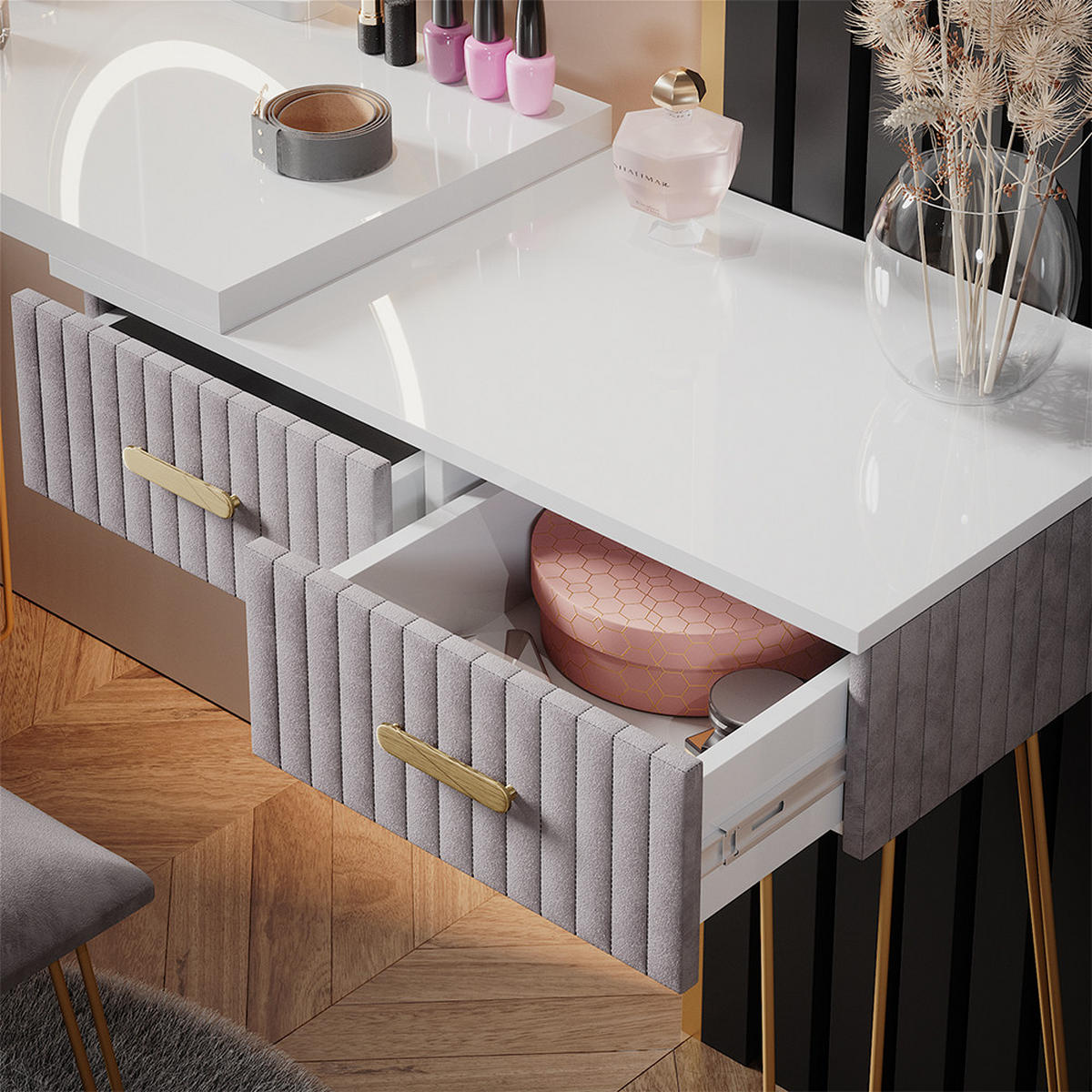 SCHMINKTISCH Zoey Grau 120 cm mit LED Beleuchtung und Hocker - Grau, Holzwerkstoff (120/76/37cm) - Vicco