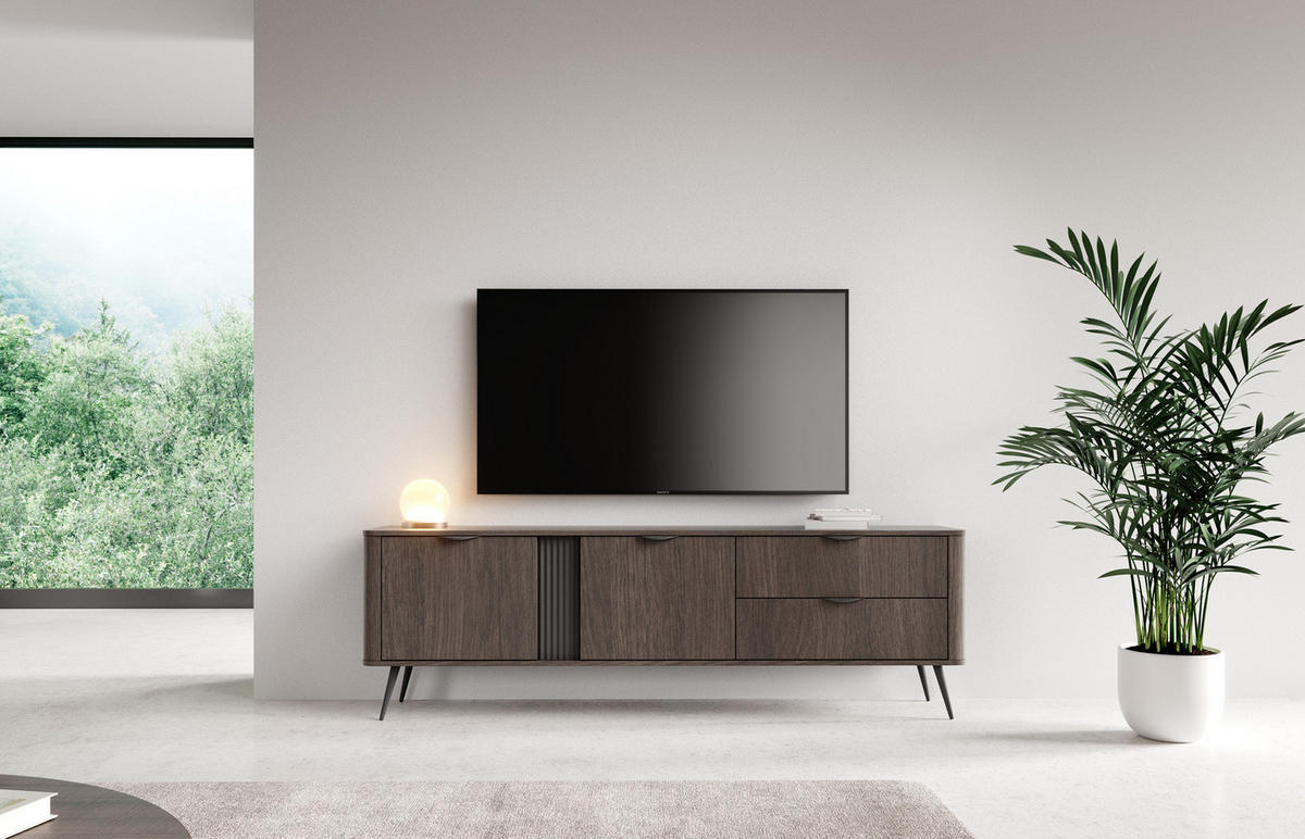 TV-LOWBOARD Terzo 2D 2S Eiche Dunin mit Rillendekor - Schwarz Metallfüße - Eichefarben/Schwarz, Holz/Holzwerkstoff (195/61/38cm) - Ravio