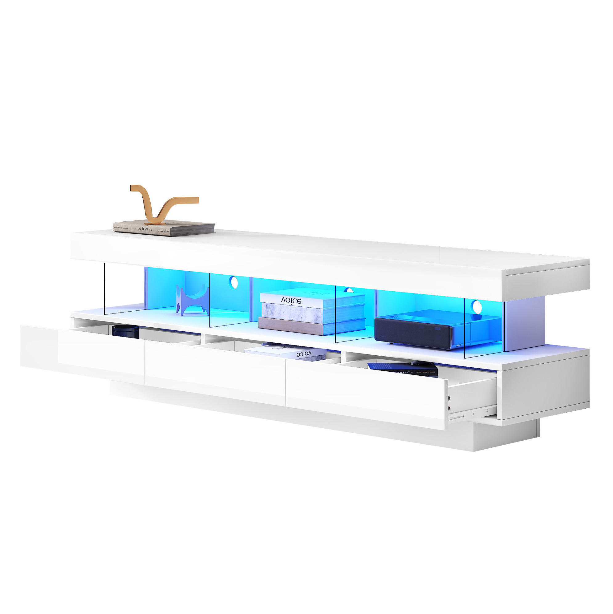 Redom TV stolek 160/38/50,5 cm s LED osvětlením, ovládáním přes aplikaci, Bluetooth a 3 skleněnými policemi, Bílá