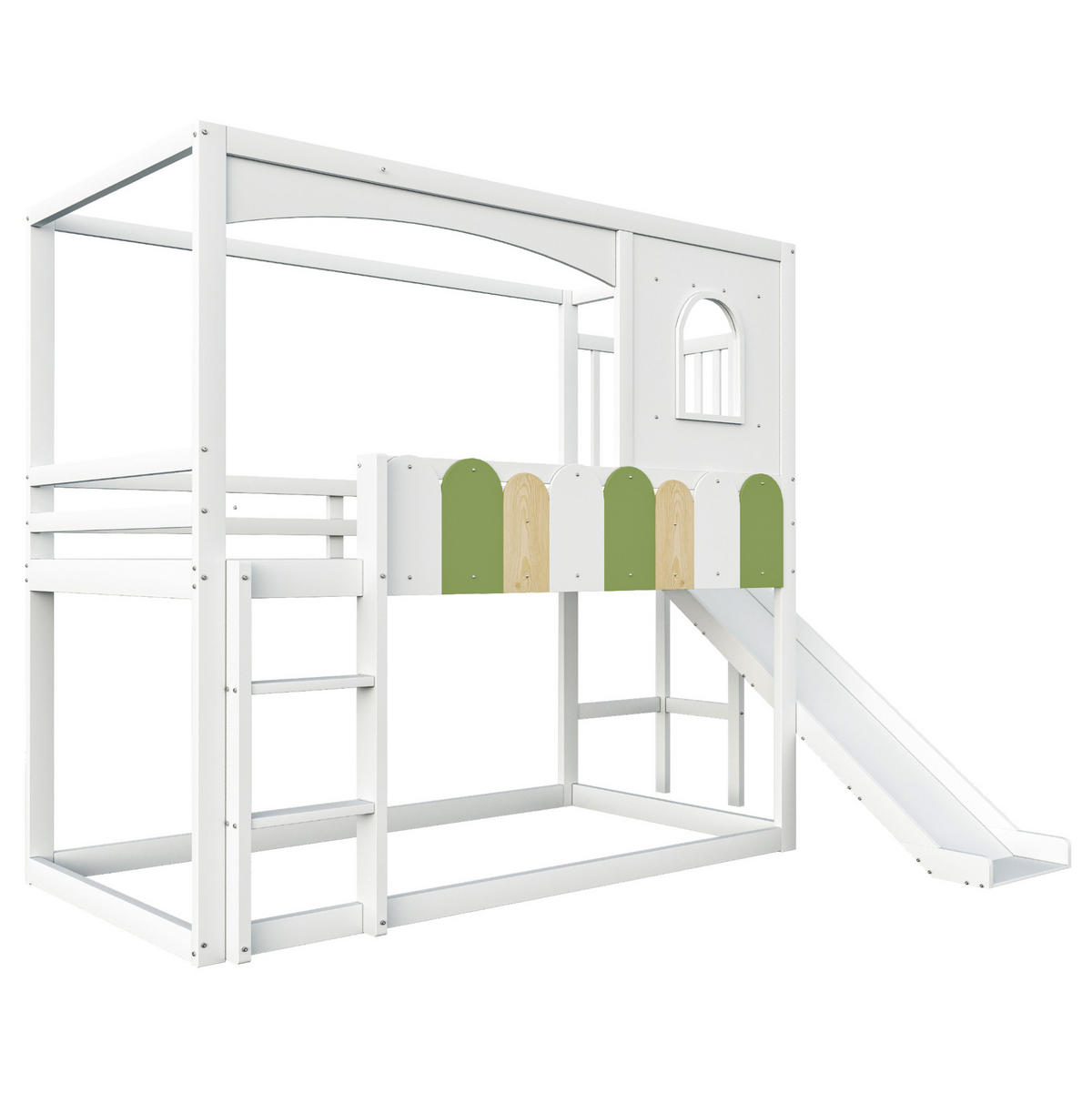 ETAGENBETT 90/200 cm mit Rutsche, Sicherheitsleiter und hausförmigem Rahmen, Weiß - Weiß, Holzwerkstoff (90/200cm) - Redom