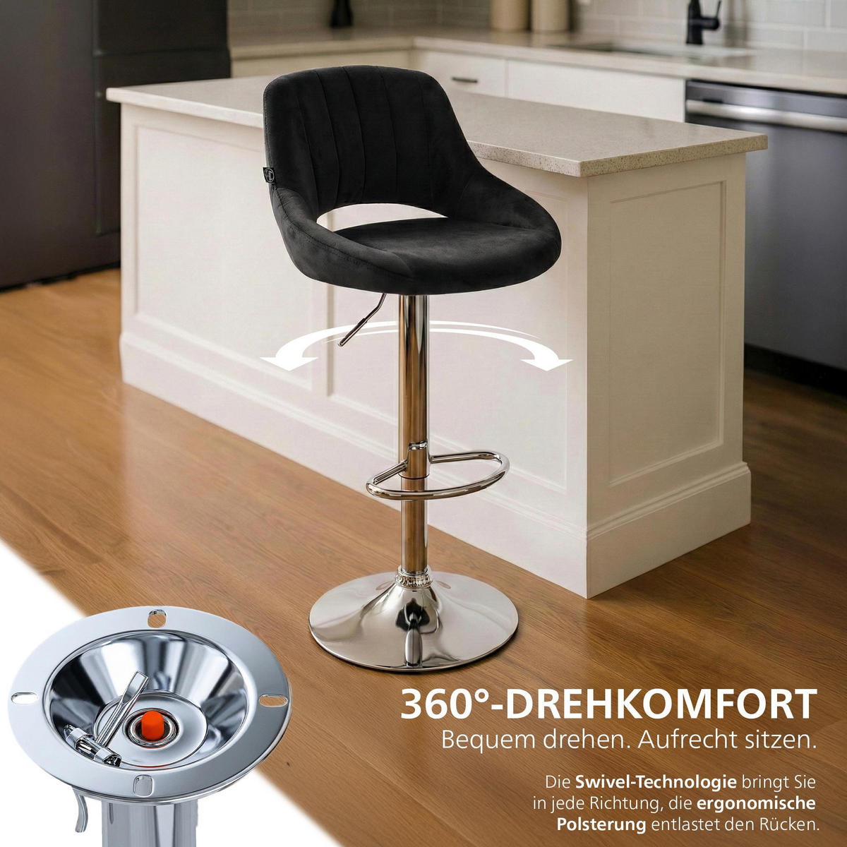 BARHOCKER Samt Schwarz - Chromfarben/Schwarz, Textil/Metall (47/85/48cm) - CLP