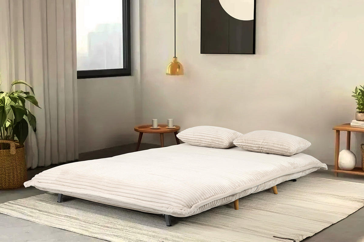 SCHLAFSOFA - Cord / Eiche - Creme, Eiche Hell - Eichefarben/Creme, Eichenholz/Textil (150/87/92cm) - home24