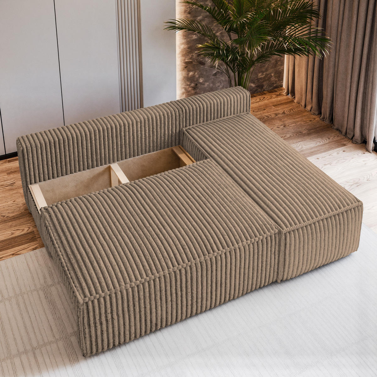 ECKSOFA BRISO T Beige Kordstoff mit Schlaffunktion - Beige, Holz (200/140cm) - MASSENO