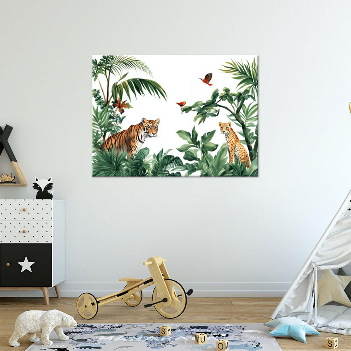 WANDBILD für kinderzimmer palmen tiger tiere afrika - Grün, Textil (60/40cm) - Feeby