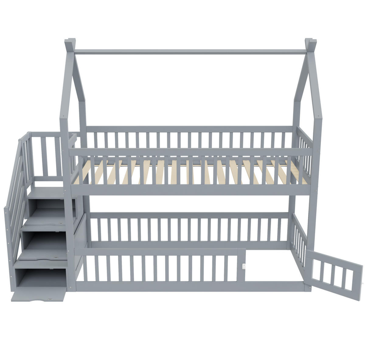 HAUSBETT 90/200 cm aus Kiefernholz mit Treppe und Schubladen in Grau - Grau, Holz (90/200cm) - BEAOK