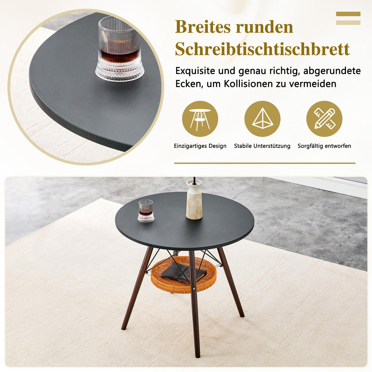 ESSTISCH in Eichefarben|Schwarz Küchentisch mit MDF-Tischplatte, Massivholzbeinen und geflochtener Ablage, B80/T80/H71.5cm - Eichefarben/Schwarz, Holzwerkstoff/Metall (80/80/71.5cm) - STILVORA