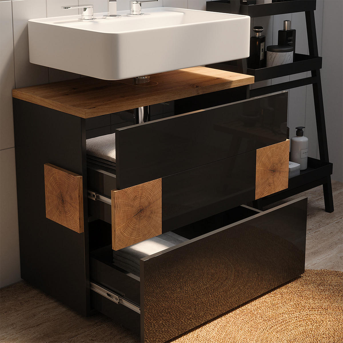 WASCHBECKENUNTERSCHRANK Eden Anthrazit 70 x 64.5 cm mit 2 Schubladen - Anthrazit/Eiche Artisan, Holzwerkstoff (70/64.5/37cm) - Vicco