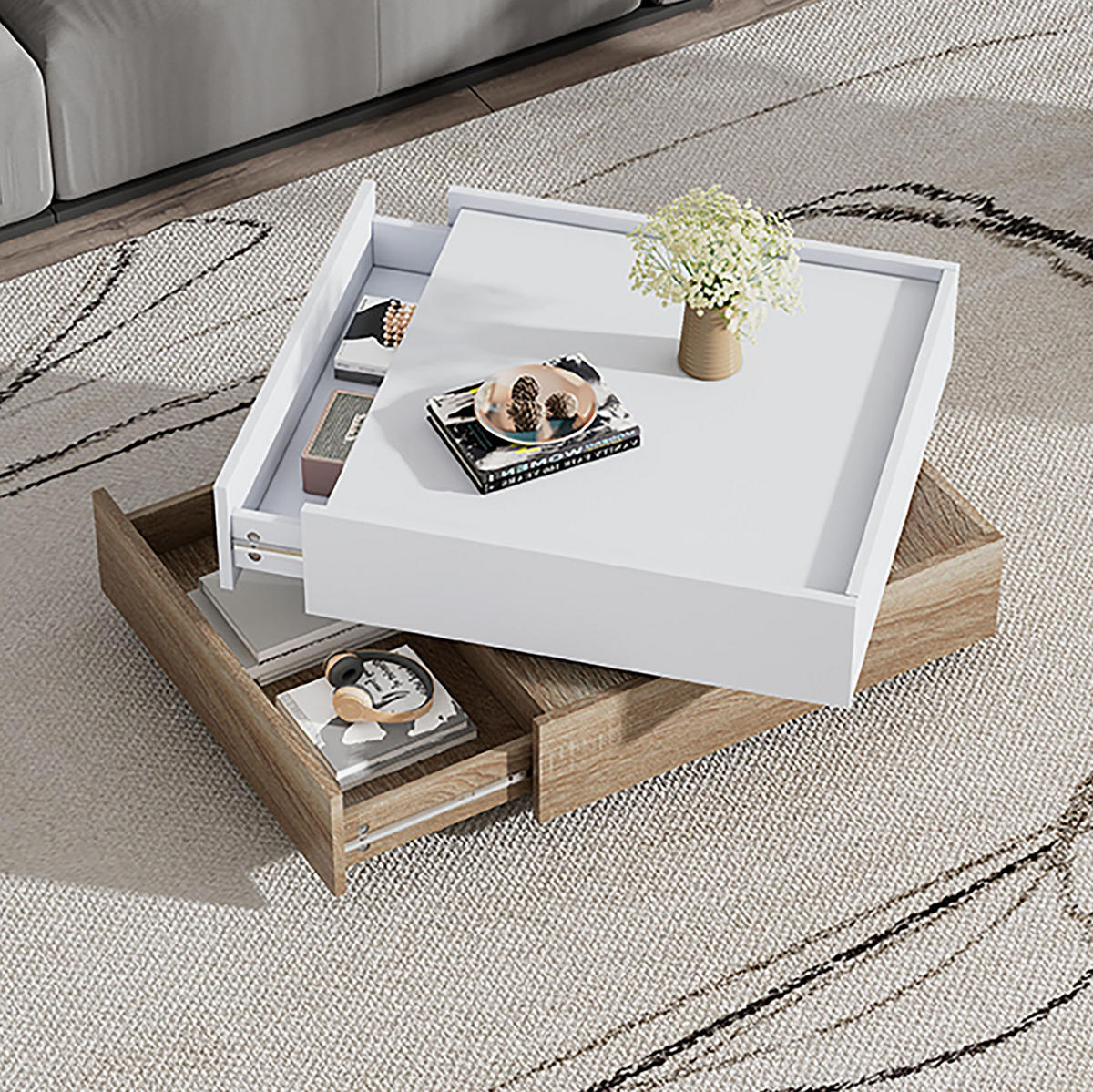 COUCHTISCH drehbar 60 x 60 x 38 cm Weiß Walnuss mit 2 Schubladen - Weiß, Holzwerkstoff (60/60/38cm) - Meubliv