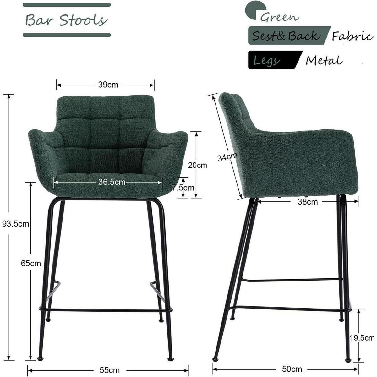 BARHOCKER 4er Set Grün Frottee mit Metallfüßen - Grün, Textil (50/93.5/55cm)