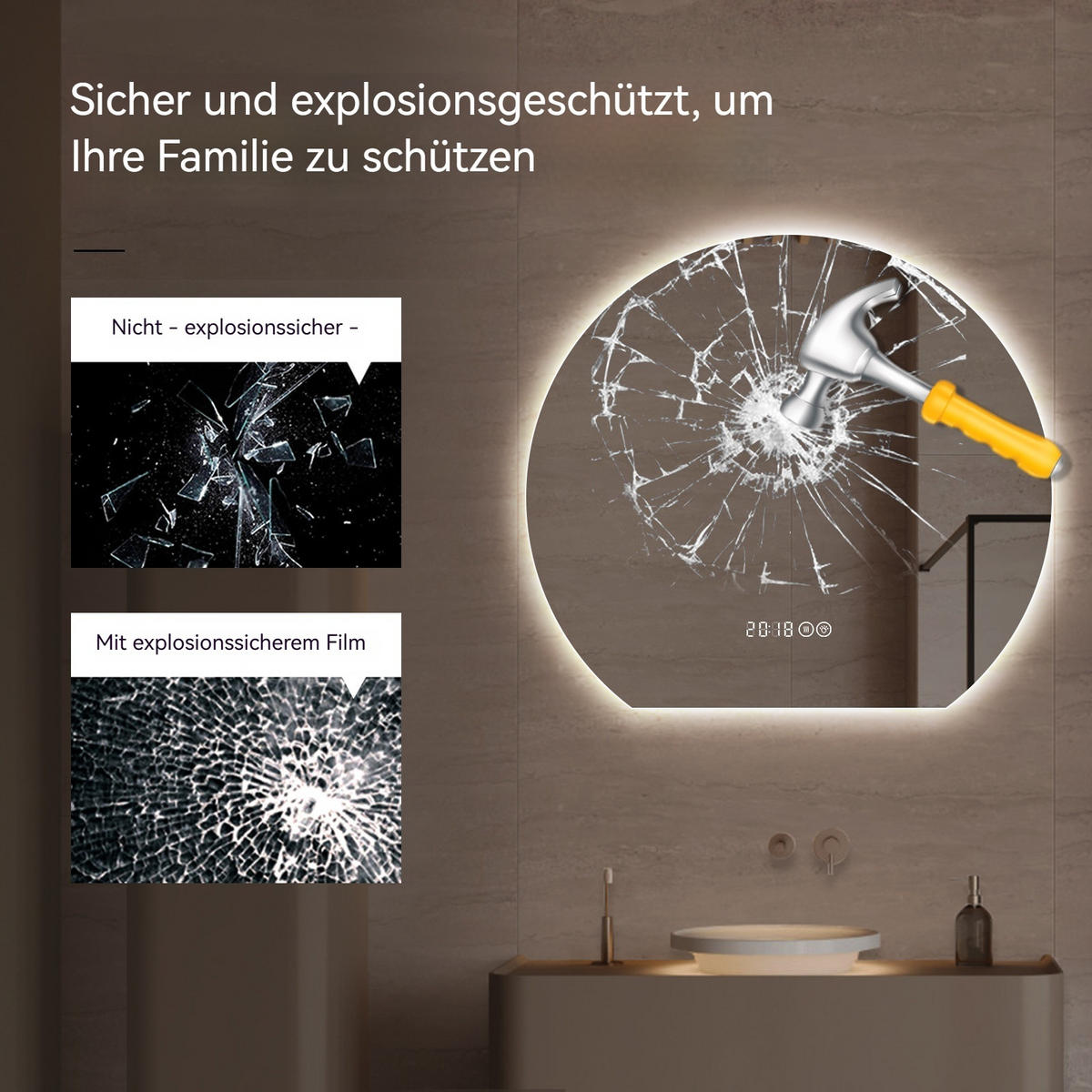 LED Badezimmerspiegel 80x72x2.5cm Silber, dimmbar mit 3 Lichtfarben, Entspiegelung & Smart-Display - Silberfarben, Glas (2.5/80/72cm) - Modfu