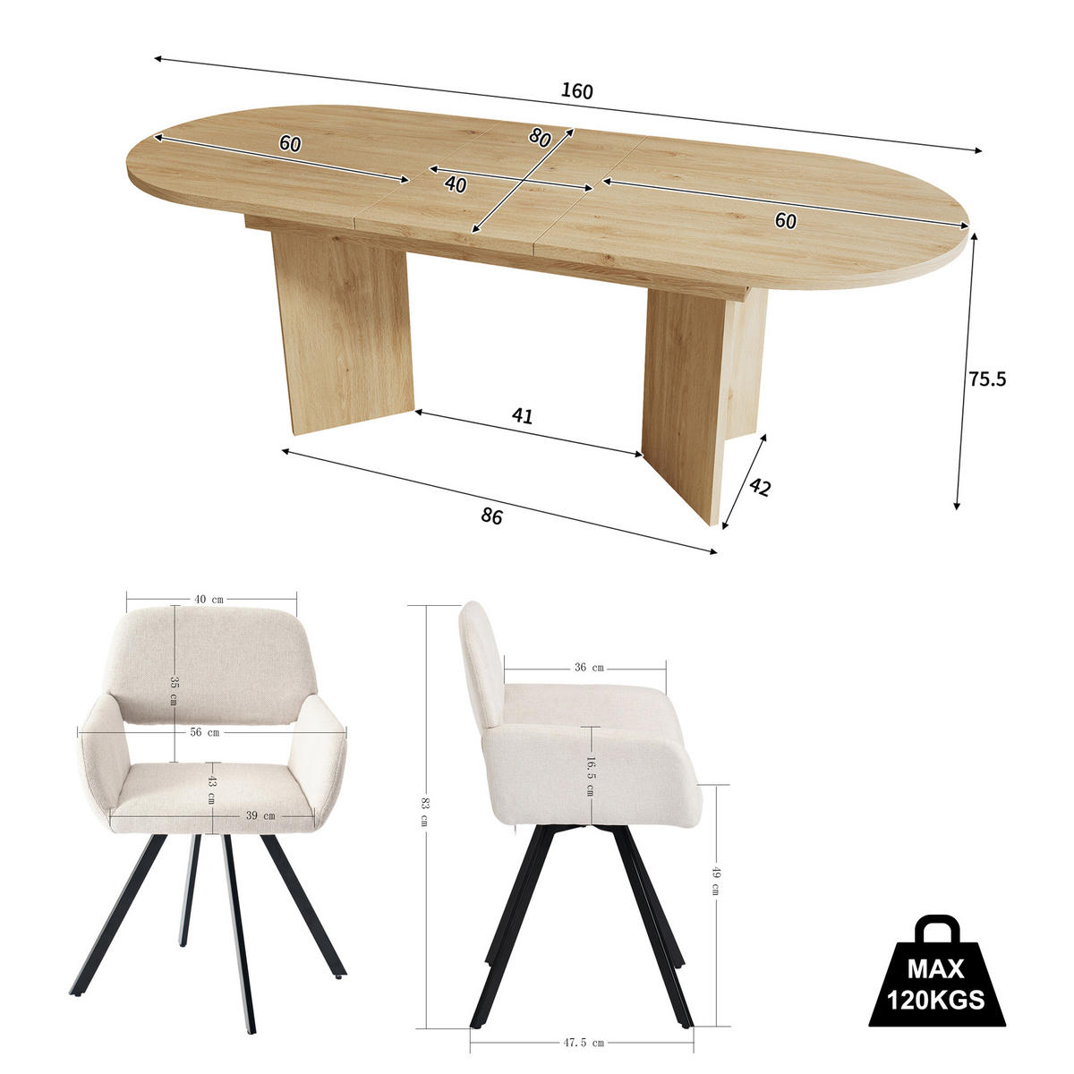 ESSGRUPPE 1+6 Ausziehbarer Tisch Eiche 120-160cm & 6 beige Drehstühle - Eichefarben, Holzwerkstoff (160/75.5/80cm) - Urban Meuble