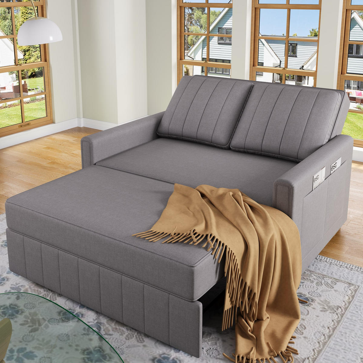 SCHLAFSOFA aus Leinenstoff 127x75x94 cm Antikgrau mit Schlaffunktion, 3-fach verstellbarer Rückenlehne und 2 Kissen - Grau, Kunststoff (75/94/127cm) - Modfu