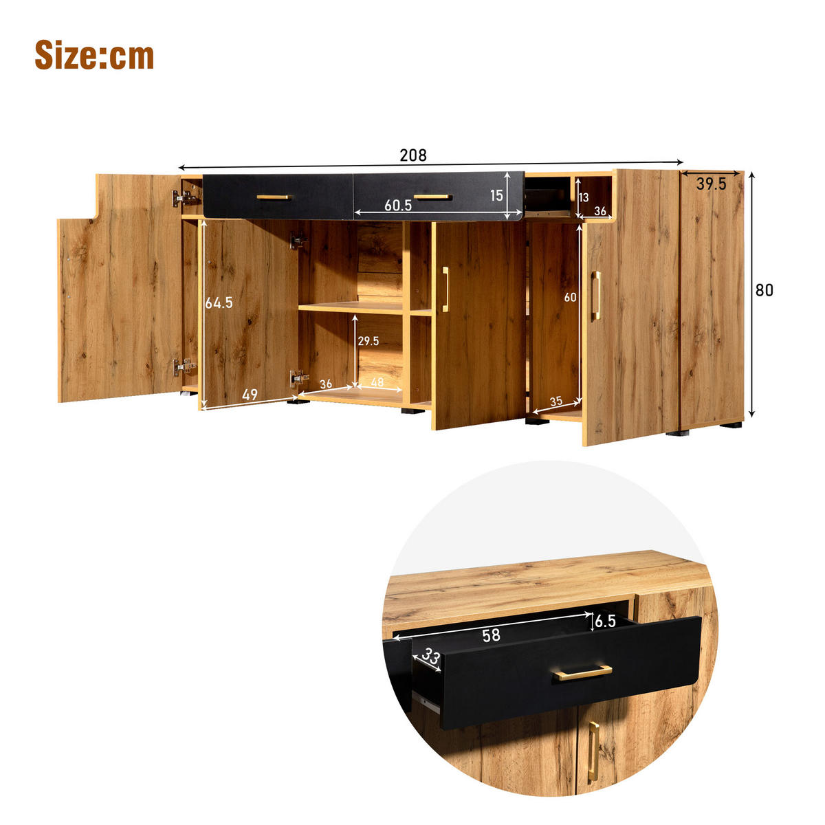 SIDEBOARD 208/39,5/80 cm, 2 Schubladen und 4 Türen, braun/weiß-marmoriertes Design, Spanplatte/MDF, braun/weiß - Braun, Holzwerkstoff (208/80/39.5cm) - Redom