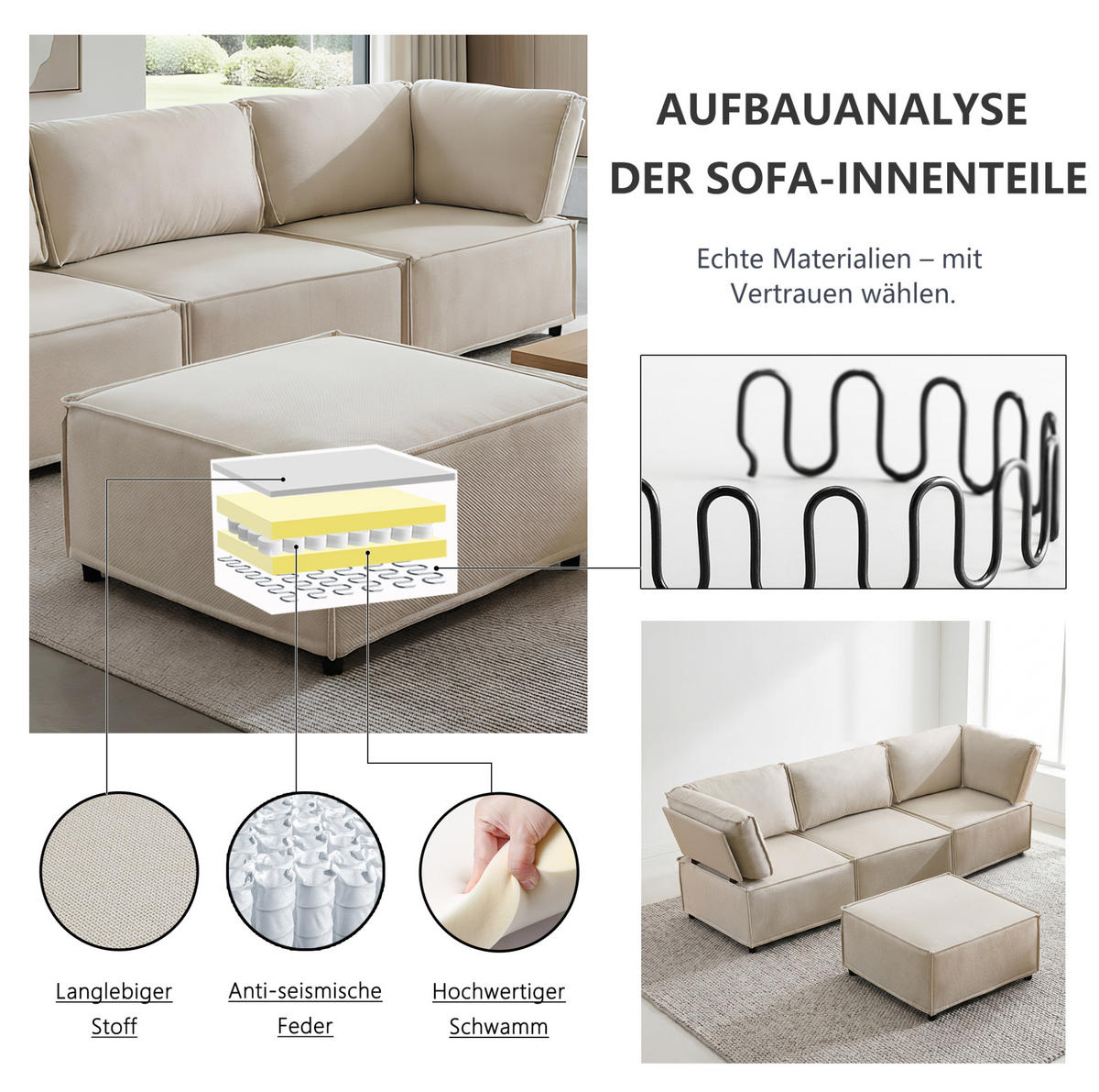 SOFA modular frei kombinierbar Beige - Beige, Holz (154/238cm) - Meubliv