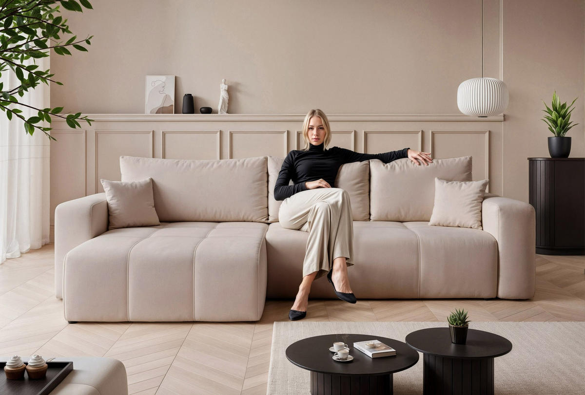 ECKSOFA XL Velours mit Bettkasten und Schlaffunktion - Beige, Holzwerkstoff/Textil (278/145cm) - Idohome