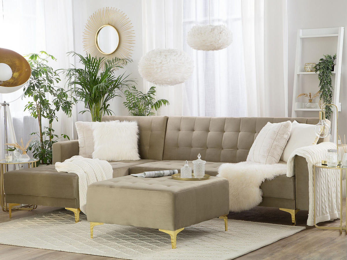 SCHLAFSOFA linksseitig mit Ottomane Samtstoff Sandbeige Aberdeen - Beige, Textil (267/168cm) - Beliani