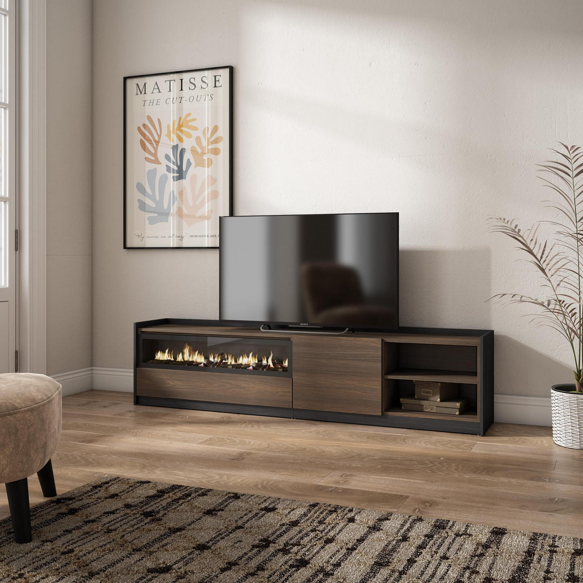 TV-SCHRANK, Dunkler Eiche und Schwarz, Elektrokamin, 207/37/50cm - Dunkelbraun, Holzwerkstoff (207/50/37cm) - Skraut Home