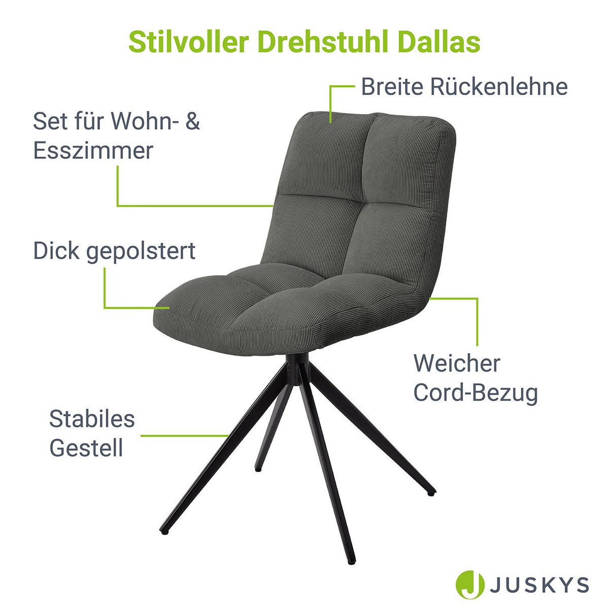 DREHSTUHL Dallas cord hellgrau (2er-Set) - Grau, Textil (45/84/45cm) - Juskys