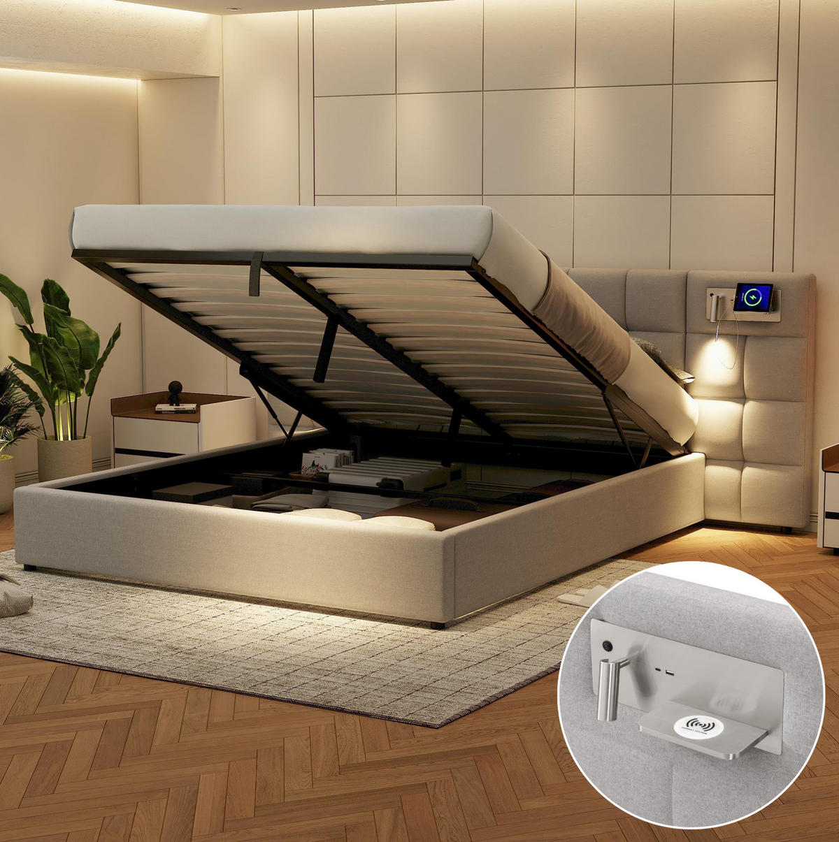 POLSTERBETT mit Bettkasten 180/200 cm mit USB, Wireless Charging und LED - Grau, Textil (180/200cm) - BEAOK