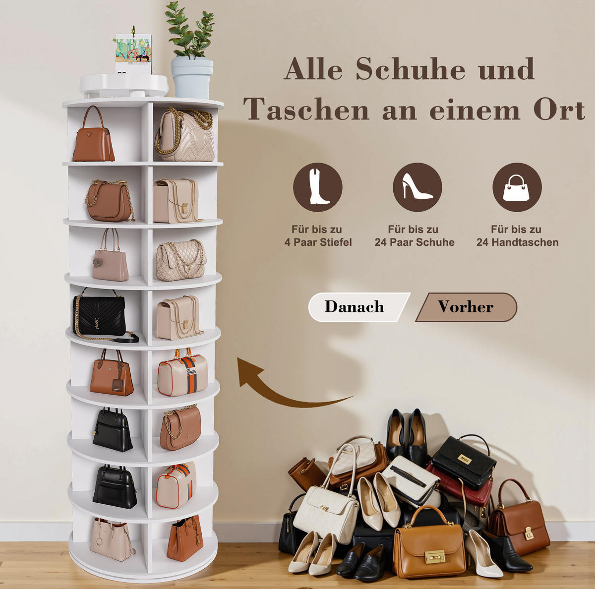 SCHUHREGAL 60/60/184 cm mit 360°-Drehfunktion und 8 Ebenen, platzsparend, Weiß - Weiß, Holzwerkstoff (184/60/60cm) - Redom