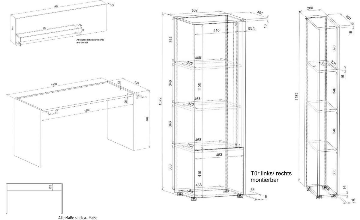 SCHREIBTISCHKOMBINATION 4-teilig grau matt, Eiche Wotan 213 cm, Büromöbel Set mit viel Stauraum - Eichefarben/Eiche Wotan, Holz/Holzwerkstoff (62/213/155cm) - Furn.Design